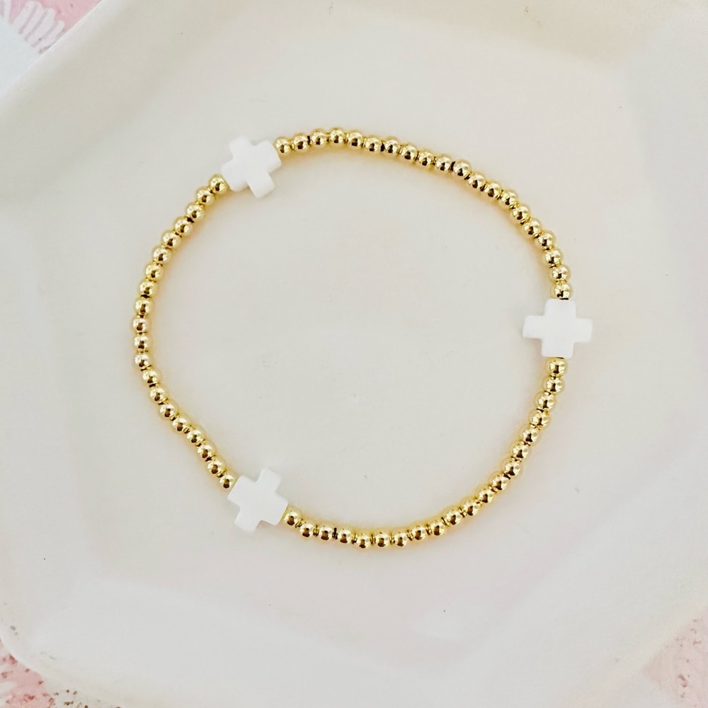 Preppy White Cross Faith Gold Beaded Bracelet ✝️